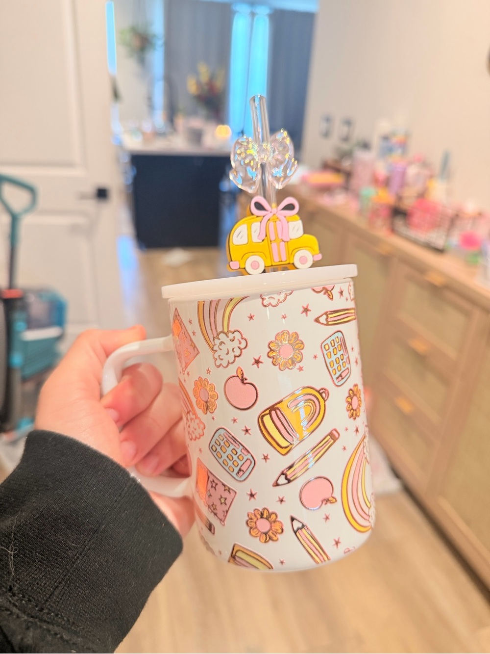 Cute School Supplies glass  Mug with Yellow school bus Lid Charm